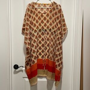 Chic Kaftan O/S 7 Islands Orange Red Cream Swim Beach Cover Up Dress Cinch Waist